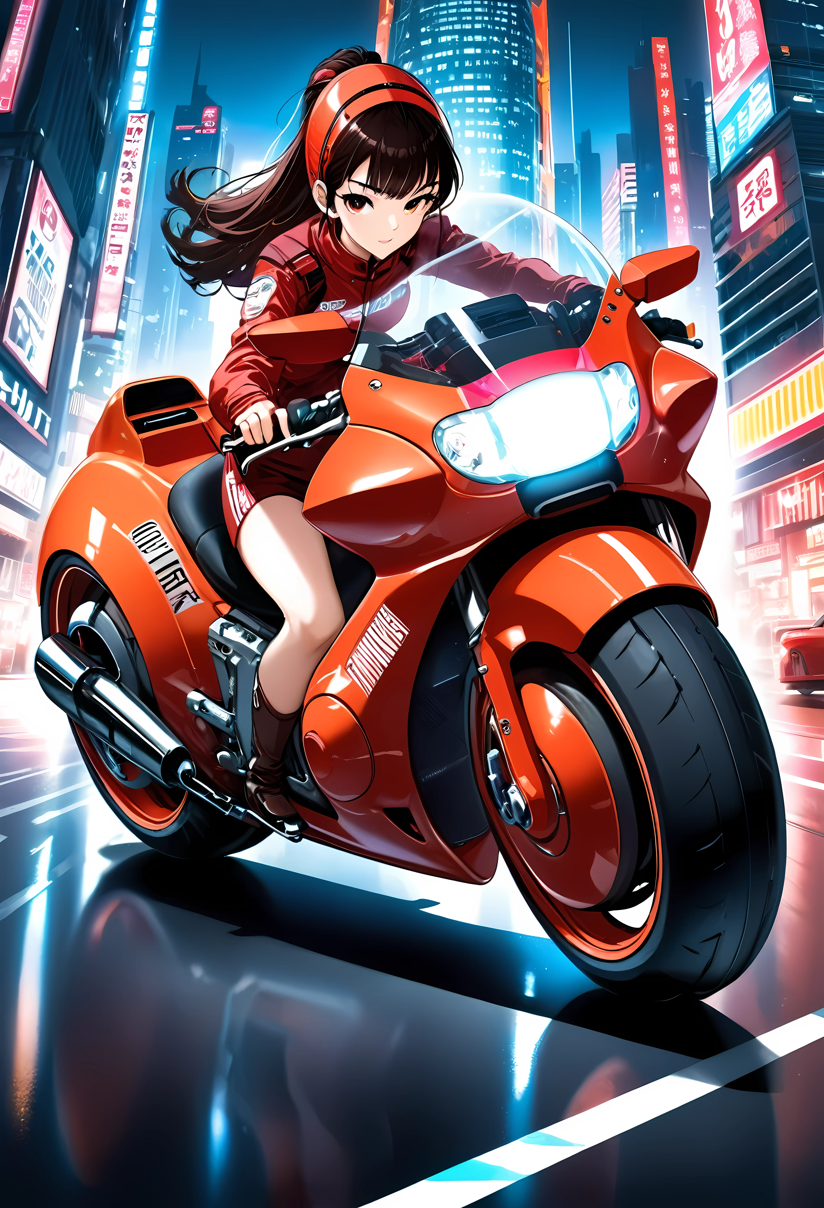 Create a detailed image of a futuristic motorcycle inspired by the iconic bike from the classic Akira manga/anime. The motorcycle should have a sleek, aerodynamic design with a low-slung, elongated body. It should feature a vibrant red color with a glossy finish. The front should have a curved, bubble-shaped windshield, integrated into the bike’s streamlined form. The wheels should be large and chunky, with a futuristic, almost hover-like quality. The front wheel is partially covered by an angular fender, while the rear wheel is exposed, showcasing intricate suspension and mechanical details. The bike should have detailed decals, including logos and futuristic text. The seat should be contoured for a single rider, blending seamlessly into the bike's body. The handlebars should be minimalistic, with advanced digital controls and displays integrated into the design. The background should be a neon-lit cityscape at night, with tall skyscrapers and futuristic elements, evoking a cyberpunk atmosphere. ((Pretty Female bike rider with futuristic neon clothing):1.2). | ((perfect_composition, perfect_design, perfect_layout, perfect_detail, ultra_detailed)), ((enhance_all, fix_everything)), More Detail, Enhance.
