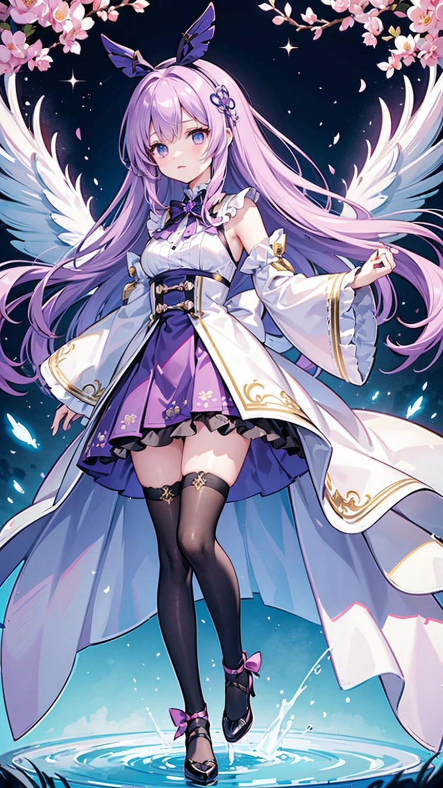 ( high quality , Super detailed, Watch your hands )This character is a beautifully designed anime-like character with delicate features. She has long, pastel pink hair that flows down to her ankles, with bangs swept to the side. Her eyes are large and expressive, with pink irises, which are commonly seen in anime-style characters. She is wearing a fantasy-inspired outfit that combines purple and black colors with gold accents. The outfit includes a form-fitting bodice with a high collar, frills, lace details, and thigh-high stockings with ribbon lacing. The character is adorned with ribbon-like accessories, such as a large bow in her hair and smaller bows on her outfit. She also has gold chains hanging from her waist and thigh. Her pose is playful, with one leg lifted slightly and a finger held to her lips, suggesting a secret or silence. Additionally, she has two elaborate wings, possibly mechanical or magical in nature, with multiple segments and a circular design near the base. The character is depicted in a vibrant scene with flowers matching her hair color, patches of grass, and a gemstone on the ground, creating a whimsical and otherworldly atmosphere. ((masterpiece, highest quality)),Best aesthetics,One girl, alone, flower, ribbon, white rose, Javelin (azur lane), purple hair, long hair, dark purple hairband, mechanical lance, light blue and red odd eyes, white, light blue and purple dress, transparent light blue arm ornament, lilac ribbon , small breasts,Only one side wing,Chibi Character