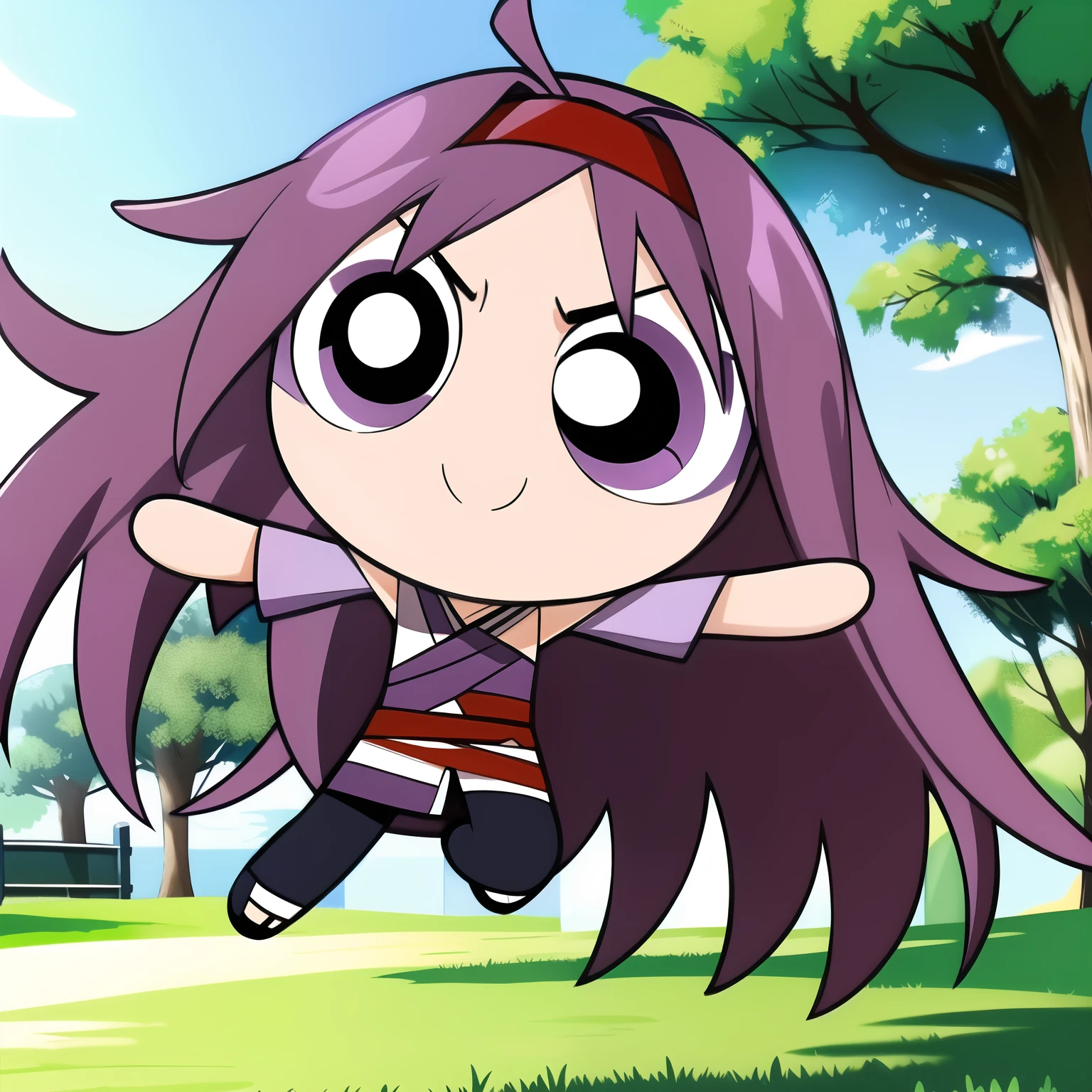 konno yuuki, cute smile, full body, 1boy , chibi, purple hair, purple eyes, YGGDRAZIL one big tree background,