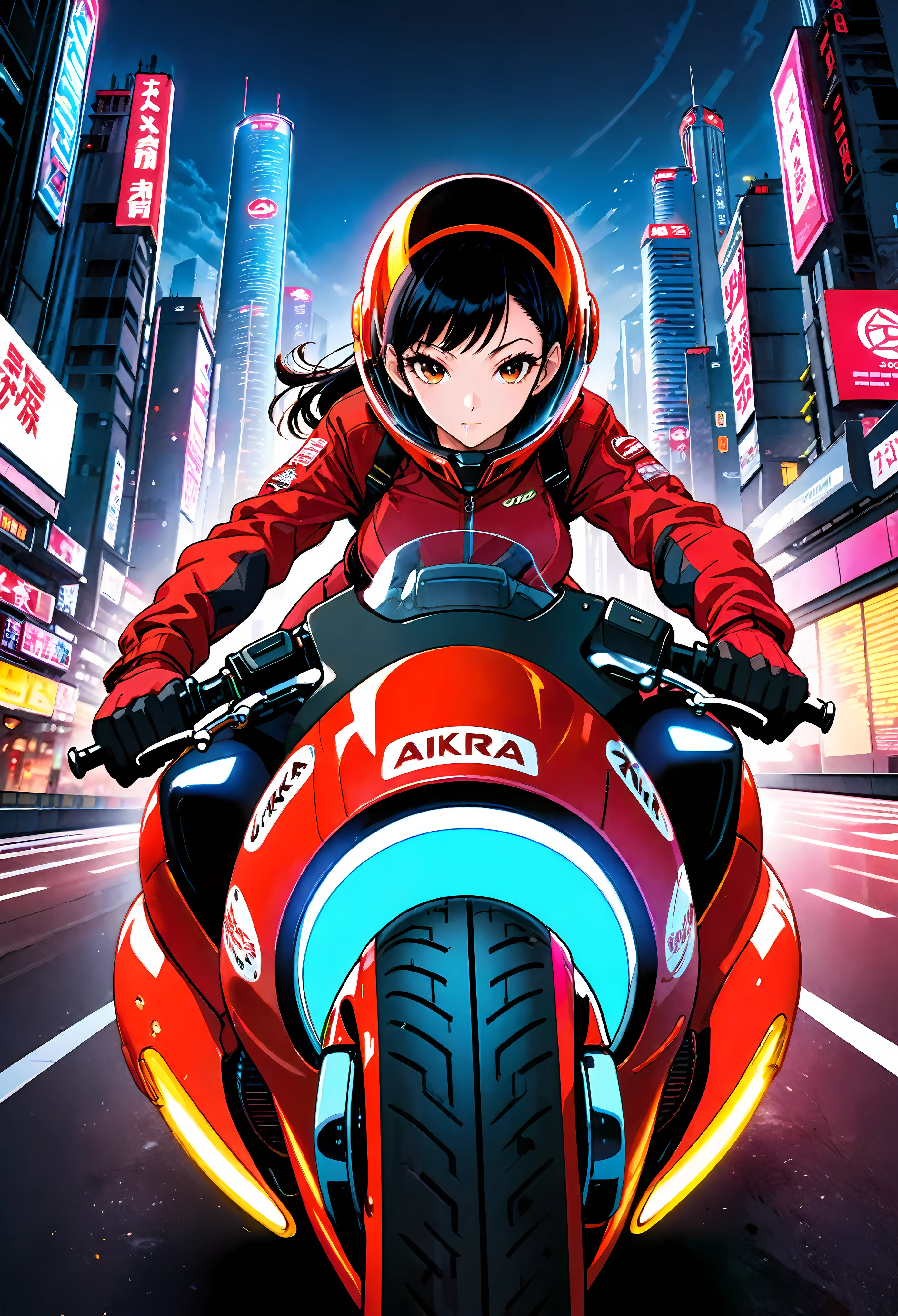 Create a detailed image of a futuristic motorcycle inspired by the iconic bike from the classic Akira manga/anime. The motorcycle should have a sleek, aerodynamic design with a low-slung, elongated body. It should feature a vibrant red color with a glossy finish. The front should have a curved, bubble-shaped windshield, integrated into the bike’s streamlined form. The wheels should be large and chunky, with a futuristic, almost hover-like quality. The front wheel is partially covered by an angular fender, while the rear wheel is exposed, showcasing intricate suspension and mechanical details. The bike should have detailed decals, including logos and futuristic text. The seat should be contoured for a single rider, blending seamlessly into the bike's body. The handlebars should be minimalistic, with advanced digital controls and displays integrated into the design. The background should be a neon-lit cityscape at night, with tall skyscrapers and futuristic elements, evoking a cyberpunk atmosphere. ((Pretty Female bike rider with futuristic neon clothing):1.2). | ((perfect_composition, perfect_design, perfect_layout, perfect_detail, ultra_detailed)), ((enhance_all, fix_everything)), More Detail, Enhance.
