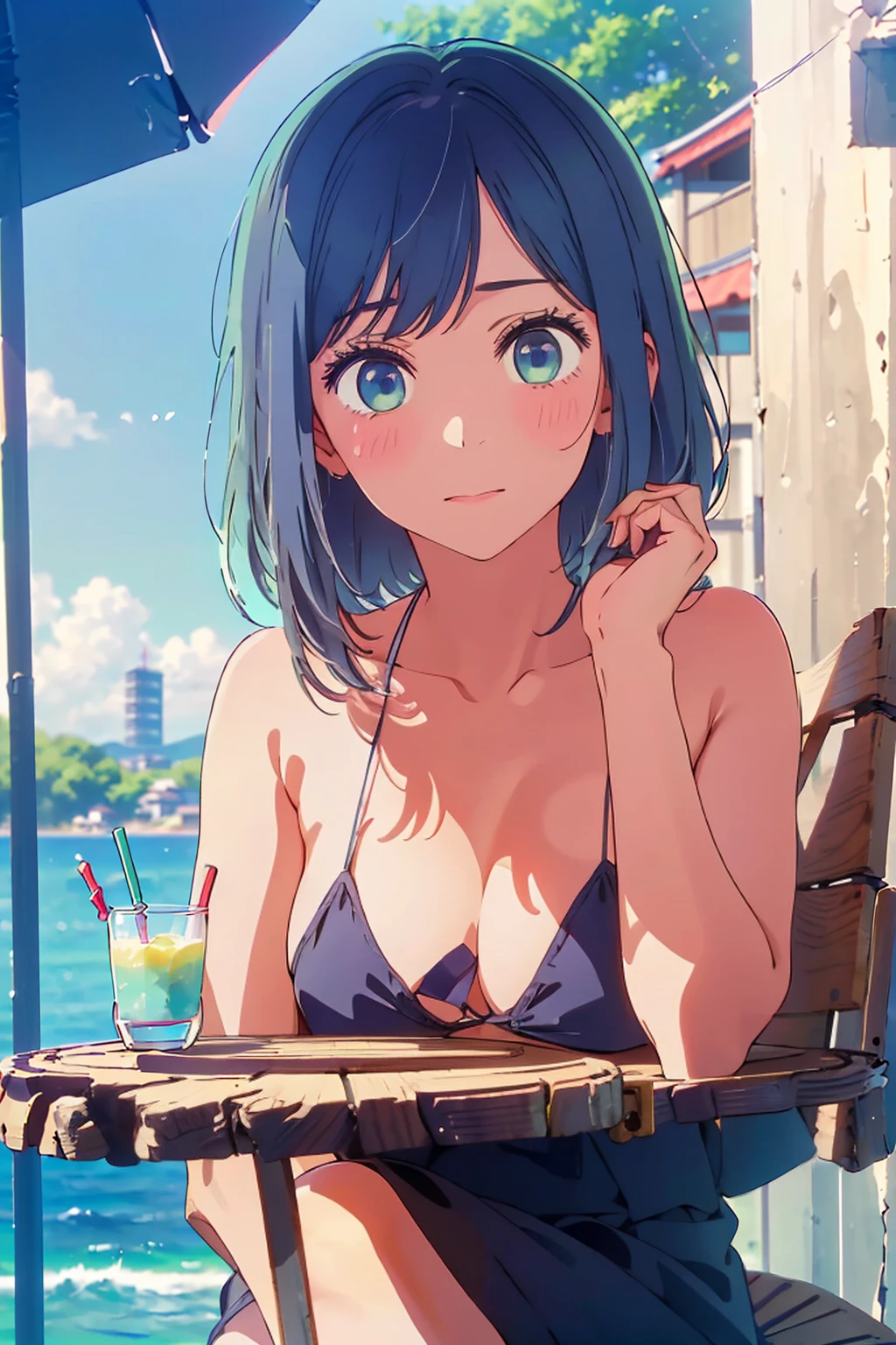 (Highest quality:1.4、masterpiece:1.4、Super detailed:1.4、8K:1.4)、F cup bust、Big Breasts、Slim body、((((1 person、Surprised expression、sit、Chair、In the background are the urban buildings of Tokyo、looking at the camera、Outdoor café terrace、coastal、Navy hair color、juice、table、Shooting up close、Very cute face))))、(Pose of putting hair behind ears with hands:1.4、Cheek resting on hand:1.4)、((nude、Areola、bikini、sunny place))、Very blue sky、A completely cloudless sky、Big eyes、((((Shallow depth of field))))、Pink Lips