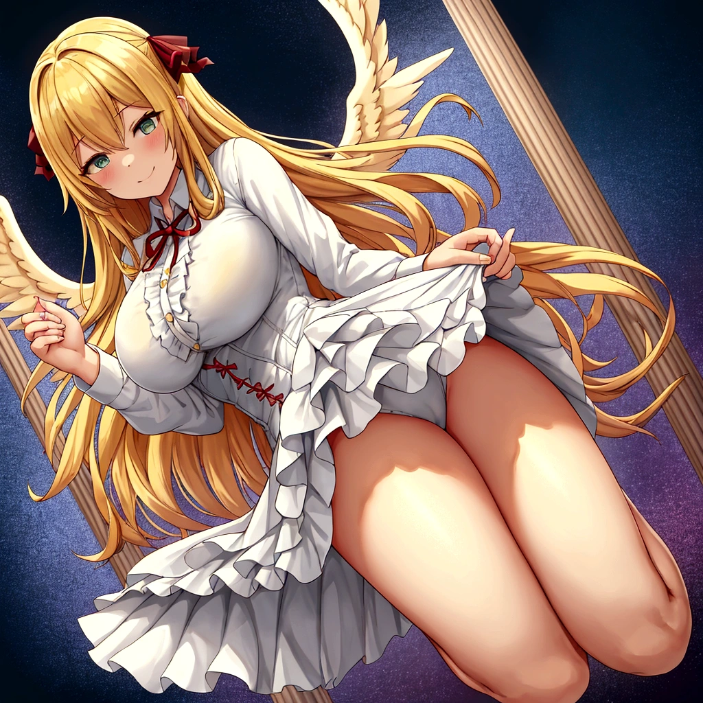 trample,trampling,{full body},looking down from below,{foot focus},dynamic angle, dynamic cut,naughty smile,macrophilia,{white wings},{angel},{}{very muscle}}},{very curvy},{gigantic breasts},very tall woman,very big woman,gigantic woman,{long legs},{two side up},blonde hair,barefoot,cute dress shirt frills ribbon split corset skirt,best quality,solo
