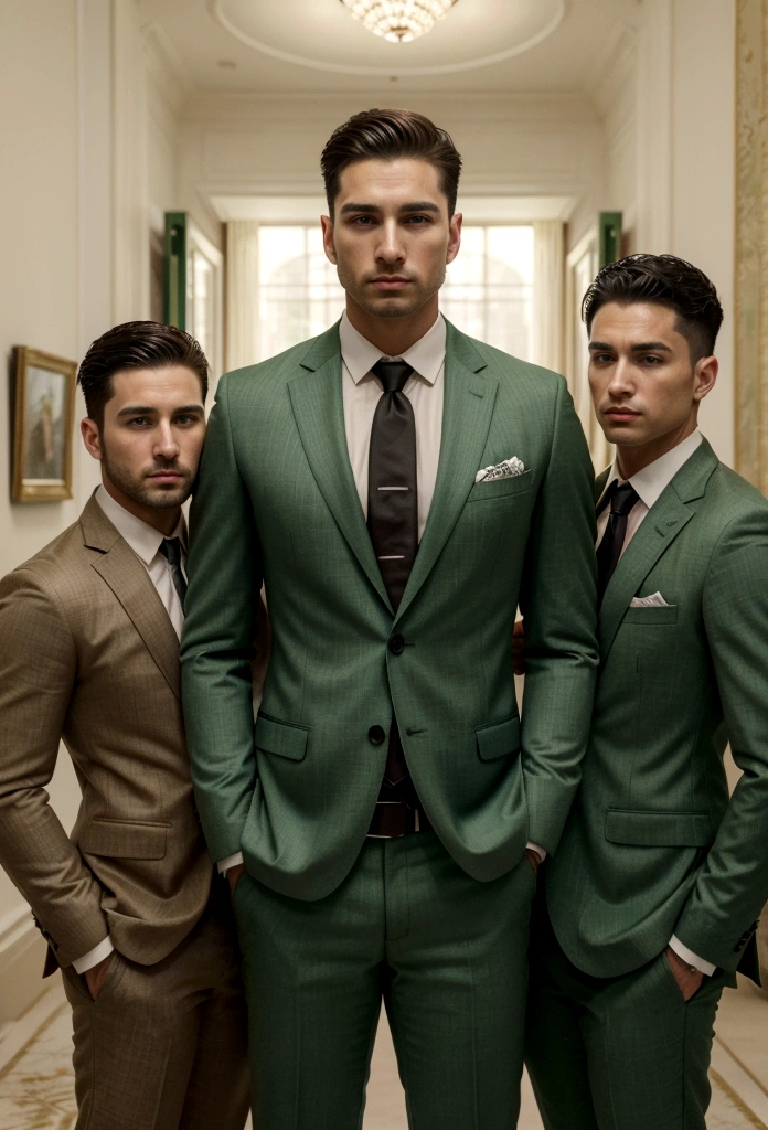 Three 30-year-old boys, with a masculine appearance, wearing a Green suit. The scene depicts a masterpiece of art, showcasing the boy's professional and wealthy lifestyle. The image is of the best quality, with ultra-detailed features. The color tone is rich and vibrant, masterpiece, ultra-realistic, detailed face, 