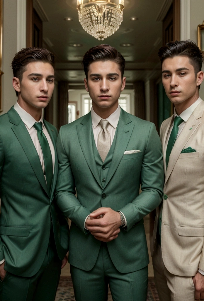 Three 30-year-old boys, with a masculine appearance, wearing a Green suit. The scene depicts a masterpiece of art, showcasing the boy's professional and wealthy lifestyle. The image is of the best quality, with ultra-detailed features. The color tone is rich and vibrant, masterpiece, ultra-realistic, detailed face,