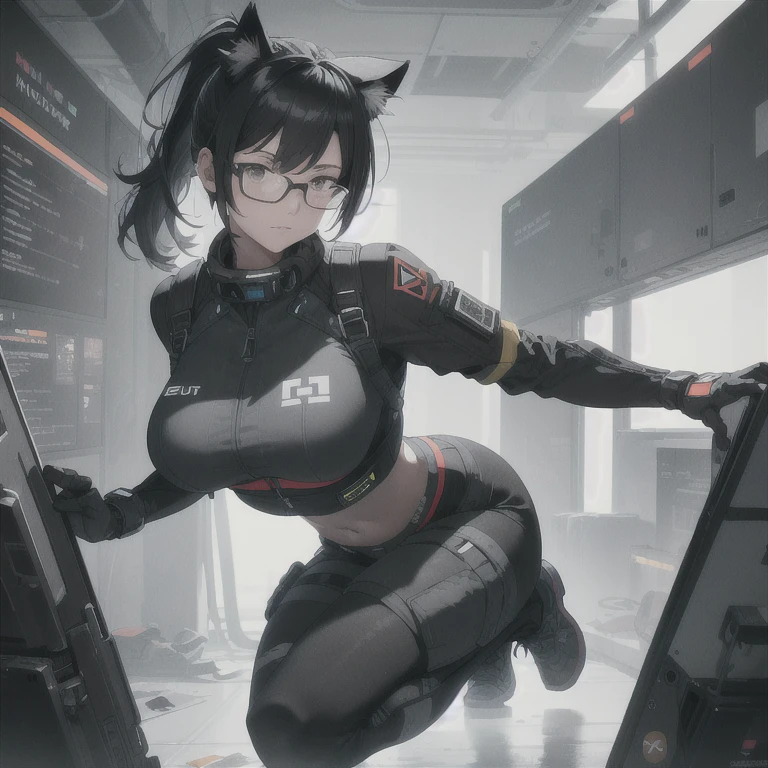 Absurd resolution, high resolution, (masterpiece: 1.4), hyper-detail, full body shot, solo, 1 kemono feline cat woman, no skin other than neck and head shown, black hair, glasses, messy ponytail, cute face, detailed soft grey eyes, huge massive hyper super swollen breasts that cover her whole torso and are bigger than her head while being so big they reach her belly button, extremely large bust, wide full hips, narrower torso and shoulders, smaller torso, full thicc big soft thighs, big rounded full soft butt, ruggedized utility styled outfit, full body outfit coverage with no skin showing or revealed, weather-proof durable clothing material, nylon clothing material, monochrome black and grey fullbody covering protective padding pilot rugged utility suit with white chest, practical/functional clothing, custom made clothing to fit and support large breasts, scifi padded rugged high collar techwear jacket, white and black triangular decals and techwear iconography on apparel and clothing, techwear gloves, arm mounted strapped display scifi tablet/communication device/computer, rugged tablet display mounted on MOLLE strap on top of her bust, ruggedized computer tablet mounted above her breasts, screen display mounted on top of her chest, ruggedized tech, ruggedized tech aesthetic, fitted utility pants, utility chaps, near future scifi, cyberpunk aesthetic, anime aesthetic