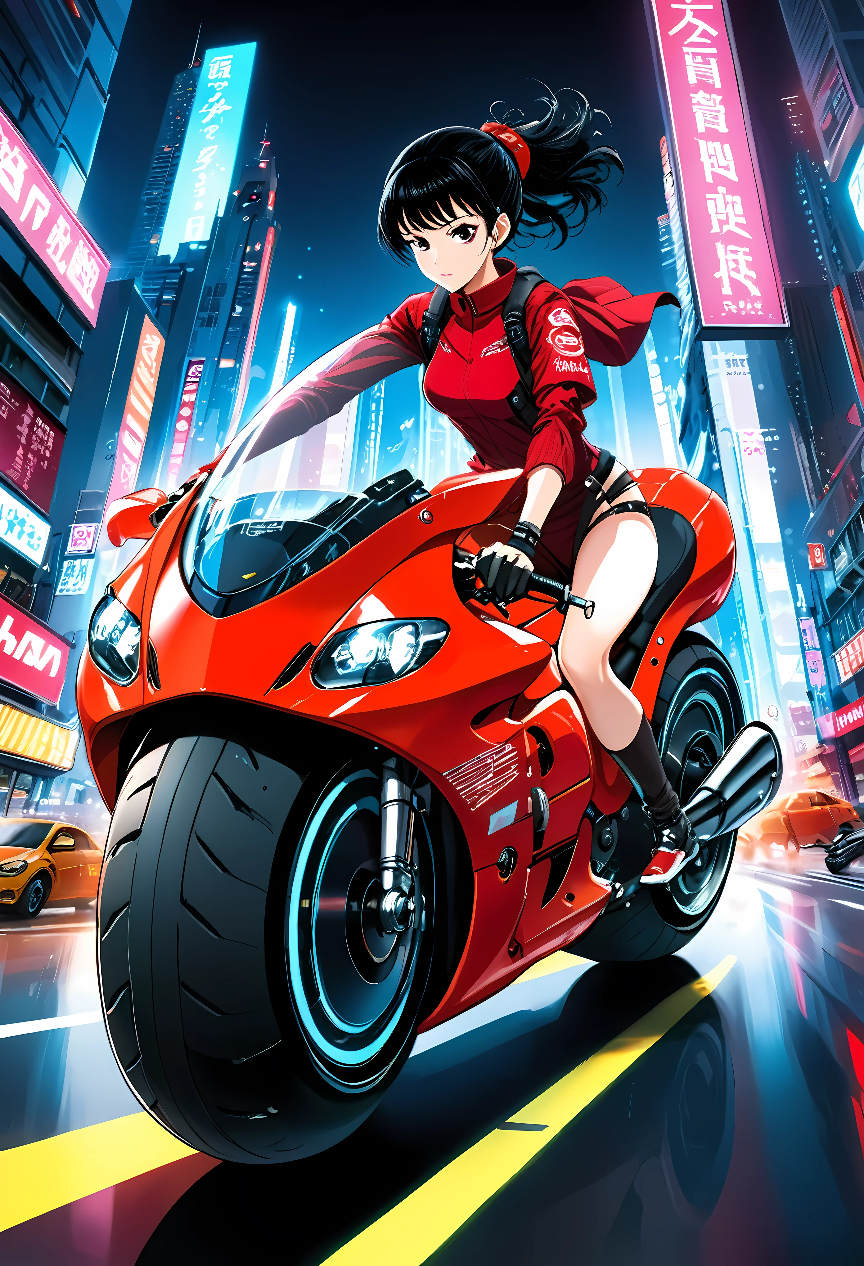 Create a detailed image of a futuristic motorcycle inspired by the iconic bike from the classic Akira manga/anime. The motorcycle should have a sleek, aerodynamic design with a low-slung, elongated body. It should feature a vibrant red color with a glossy finish. The front should have a curved, bubble-shaped windshield, integrated into the bike’s streamlined form. The wheels should be large and chunky, with a futuristic, almost hover-like quality. The front wheel is partially covered by an angular fender, while the rear wheel is exposed, showcasing intricate suspension and mechanical details. The bike should have detailed decals, including logos and futuristic text. The seat should be contoured for a single rider, blending seamlessly into the bike's body. The handlebars should be minimalistic, with advanced digital controls and displays integrated into the design. The background should be a neon-lit cityscape at night, with tall skyscrapers and futuristic elements, evoking a cyberpunk atmosphere. ((Pretty Female bike rider with futuristic neon clothing):1.2). | ((perfect_composition, perfect_design, perfect_layout, perfect_detail, ultra_detailed)), ((enhance_all, fix_everything)), More Detail, Enhance.
