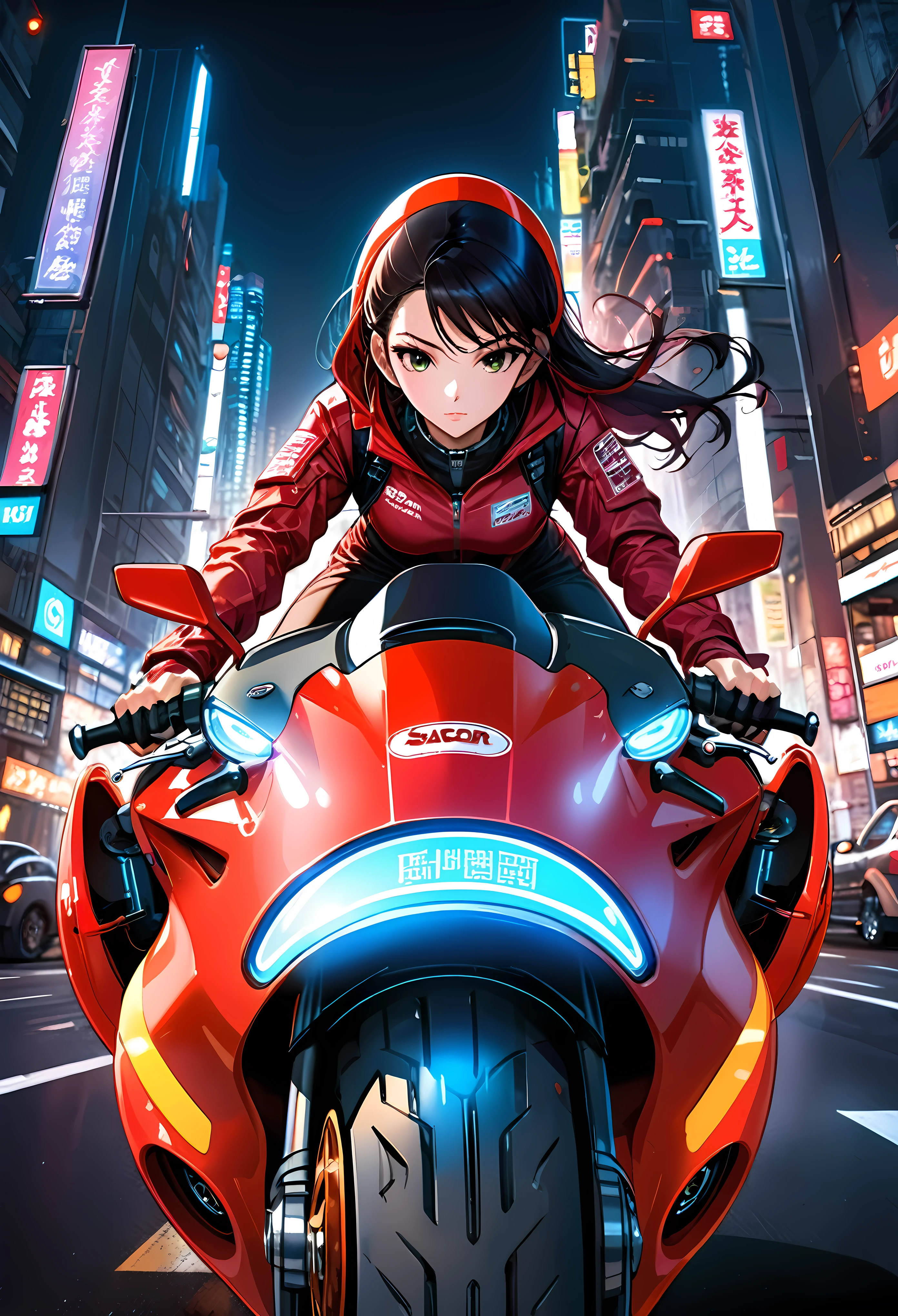 Create a detailed image of a futuristic motorcycle inspired by the iconic bike from the classic Akira manga/anime. The motorcycle should have a sleek, aerodynamic design with a low-slung, elongated body. It should feature a vibrant red color with a glossy finish. The front should have a curved, bubble-shaped windshield, integrated into the bike’s streamlined form. The wheels should be large and chunky, with a futuristic, almost hover-like quality. The front wheel is partially covered by an angular fender, while the rear wheel is exposed, showcasing intricate suspension and mechanical details. The bike should have detailed decals, including logos and futuristic text. The seat should be contoured for a single rider, blending seamlessly into the bike's body. The handlebars should be minimalistic, with advanced digital controls and displays integrated into the design. The background should be a neon-lit cityscape at night, with tall skyscrapers and futuristic elements, evoking a cyberpunk atmosphere. ((Pretty Female bike rider with futuristic neon clothing):1.2). | ((perfect_composition, perfect_design, perfect_layout, perfect_detail, ultra_detailed)), ((enhance_all, fix_everything)), More Detail, Enhance.
