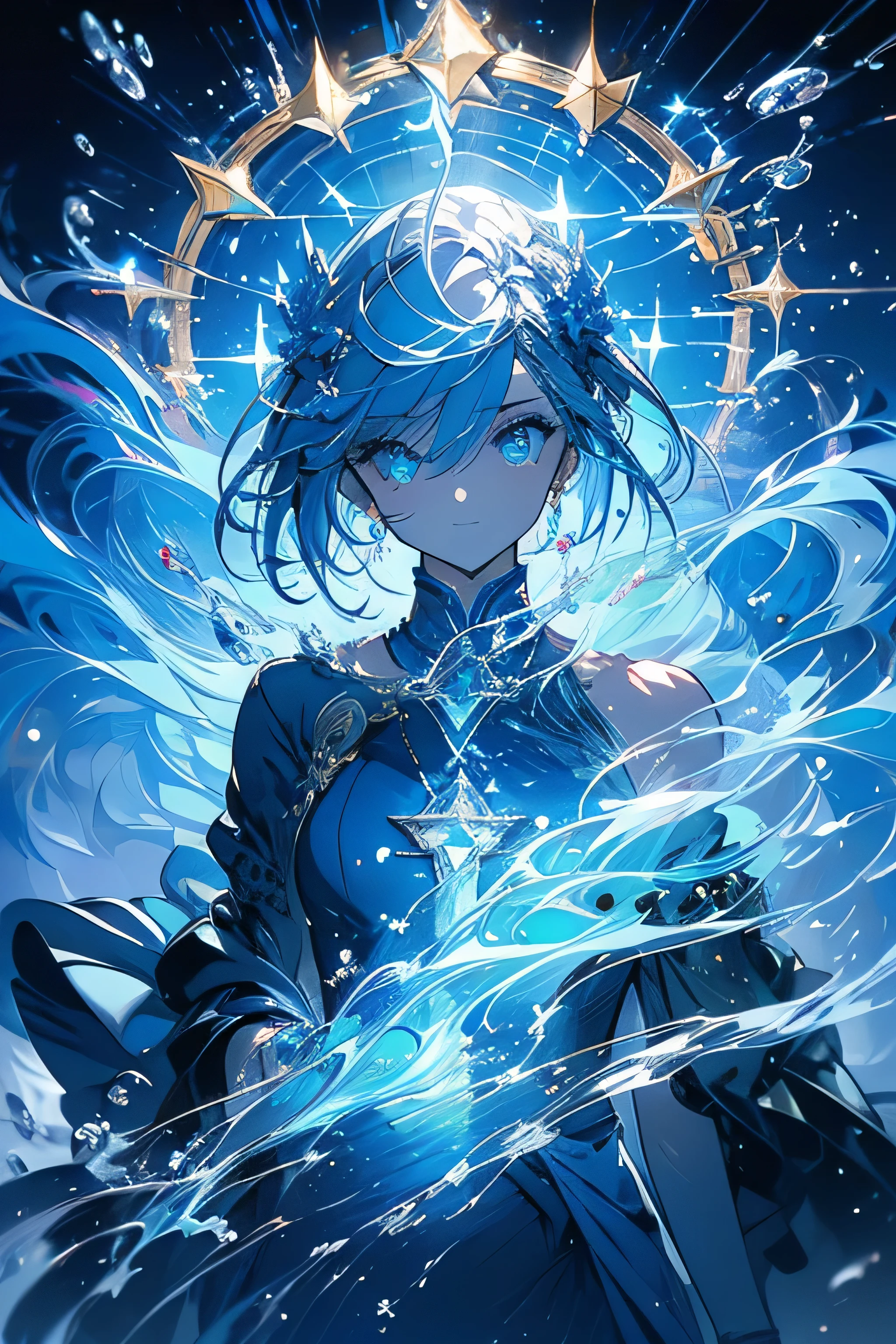 A badge for an Aquascend element radiant in blue hues, glossy finish, intricate design details, modern and sleek, clean lines, minimalistic design, digital art style 