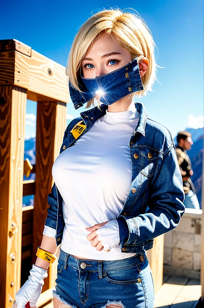 (((1 girl,  cute, denim jacket, white top, jeans, Gloves, blond, short hair, bob hair,  side parted hair, blue eyes))), (((blond hair))), 
dynamic poses, manga style, depicting a group of characters in various action scenes, from intense battles to lighthearted moments, with dramatic speed lines and bold sound effects, capturing the excitement and energy of the story, Laser rays from the palm of hand, Attack forward with palm, yellowstone park, Grand Canyon,