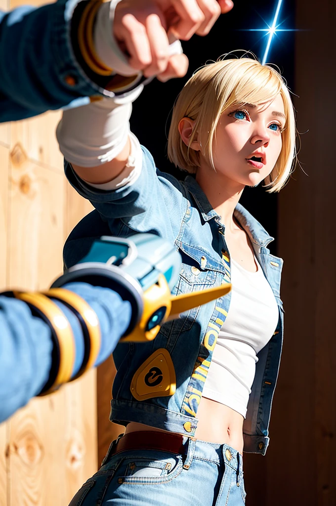 (((1 girl, cute, denim jacket, white top, jeans, Gloves, blond, short hair, bob hair, side parted hair, blue eyes))), (((blond hair))),
dynamic poses, manga style, depicting a group of characters in various action scenes, from intense battles to lighthearted moments, with dramatic speed lines and bold sound effects, capturing the excitement and energy of the story, Laser rays from the palm of hand, Attack forward with palm, yellowstone park, Grand Canyon,
