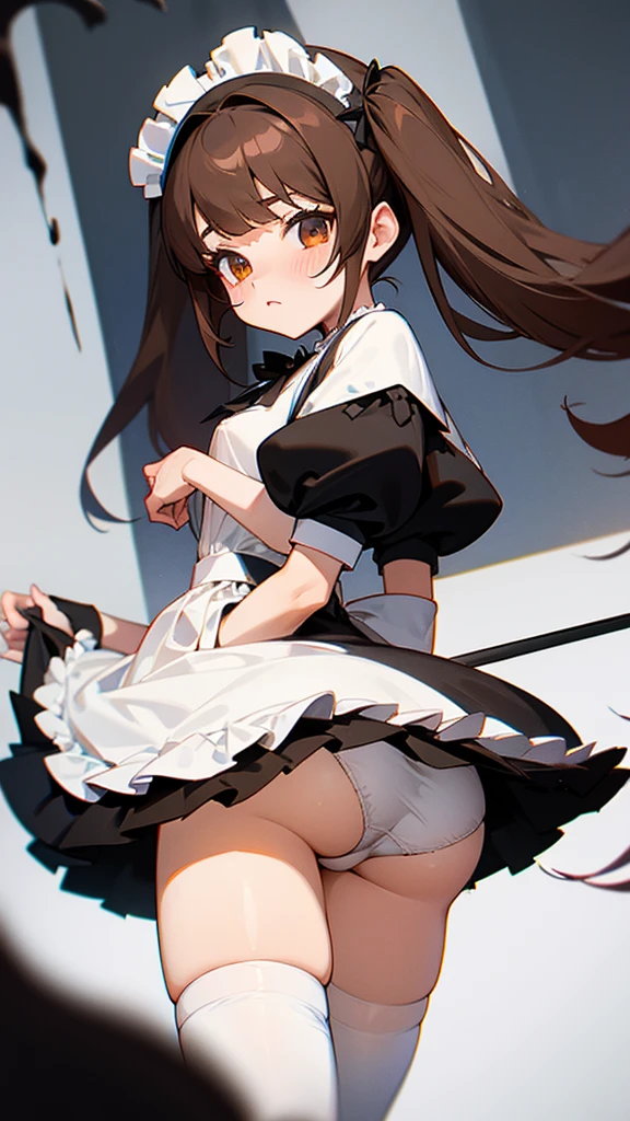 Twin tails　Brown Hair　
　Black Knee High　Panty shot　Lolita Face　White panties　Maid clothes
