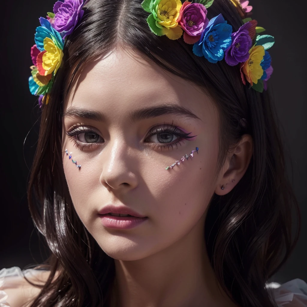 a beautiful goth girl in a frilly dress, detailed facial features, intricate flower crown, colorful rainbow candy decorations, (best quality,4k,8k,highres,masterpiece:1.2),ultra-detailed,(realistic,photorealistic,photo-realistic:1.37),cinematic lighting,vivid colors,dramatic atmosphere,dark fantasy,surreal