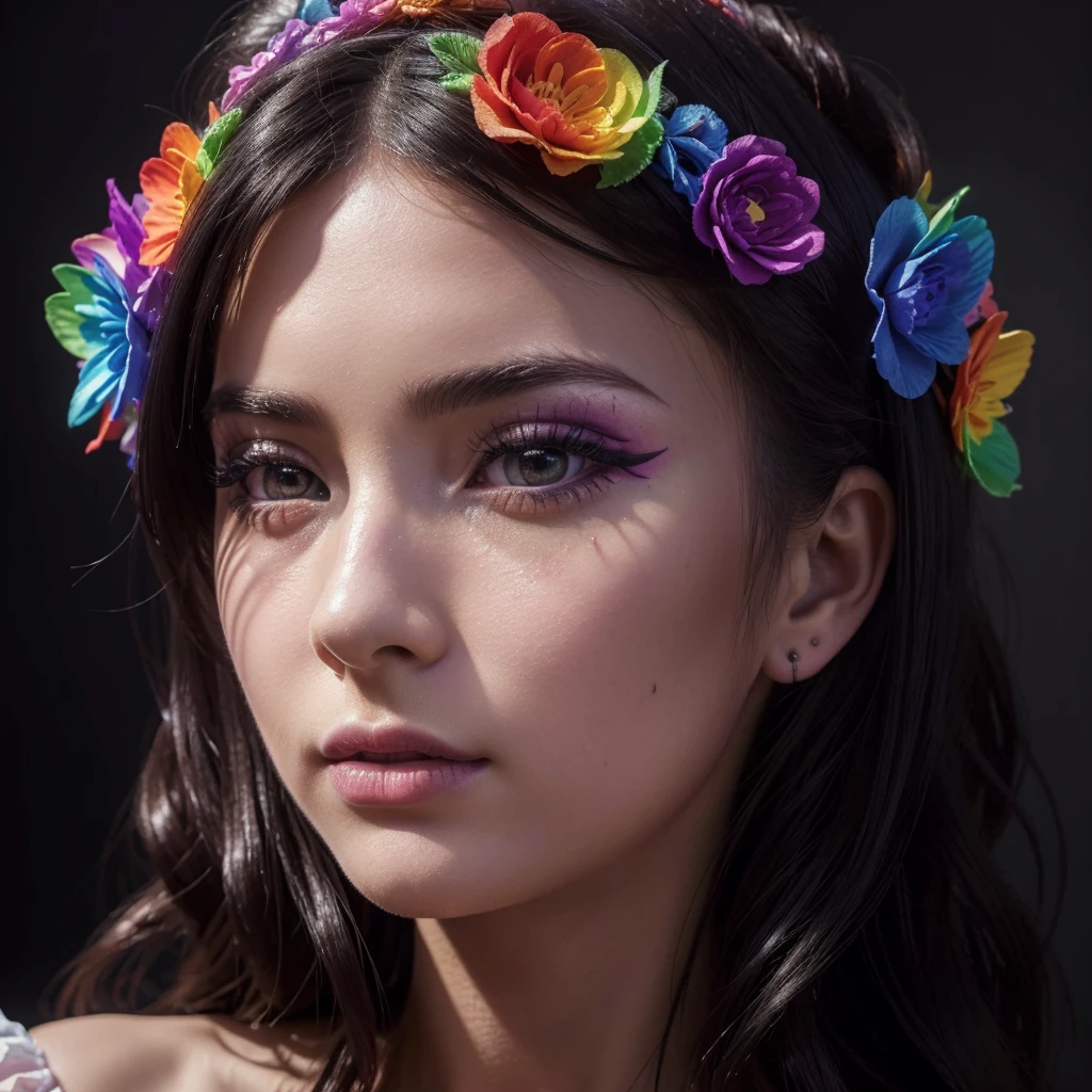 a beautiful goth girl in a frilly dress, detailed facial features, intricate flower crown, colorful rainbow candy decorations, (best quality,4k,8k,highres,masterpiece:1.2),ultra-detailed,(realistic,photorealistic,photo-realistic:1.37),cinematic lighting,vivid colors,dramatic atmosphere,dark fantasy,surreal