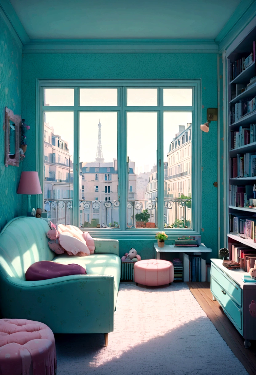Room with a window tiffany blue wallpaper A solid sofa for one person bed Wall-to-wall bookshelves A cute age girl's room in Paris A view of Paris from the window