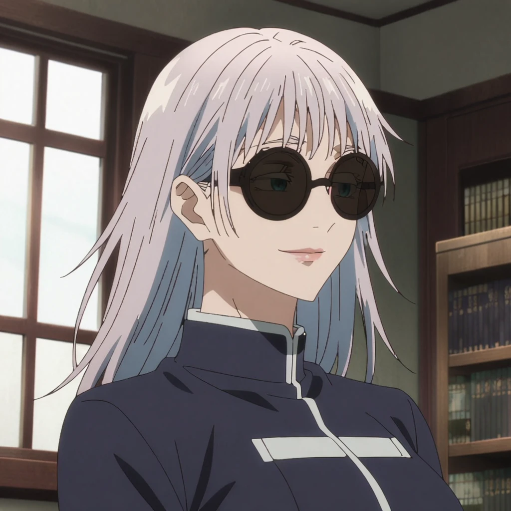 1girl, female gojo satoru, anime screencap from jujutsu kaisen, gojo satoru female version, solo, long_hair, blindfold, white_hair, window, breasts, upper_body, smile, indoors, book, bangs, covered_eyes, lips, wearing round sunglasses 