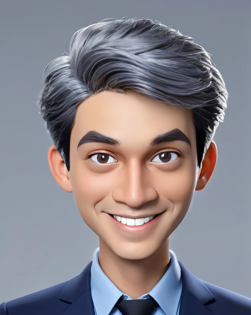 3d cartoon style, 20 years old man, short gray hair, little hair, in a dark blue suit and light blue shirt, no tie, smiling at the camera, foto perfil, commercial shot., face is brightly lit