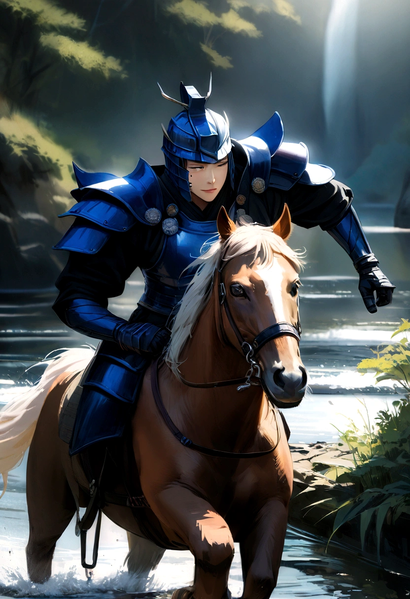 Top quality, masterpiece, super high resolution, (realism: 1.4), raw photo, Uesugi Kenshin, known as the Tiger of Echigo, male, wearing perfect cobalt blue samurai armor, beautiful young man, tattoos on face, slight smile, commanding presence, riding a horse, dynamically leaping over a river, traditional Japanese setting, darkness, deep shadows, low key, cold light 12000K

