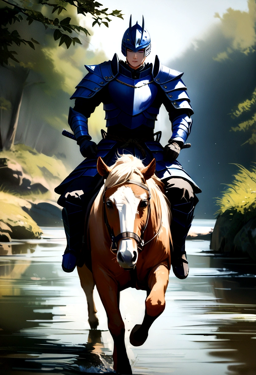 Top quality, masterpiece, super high resolution, (realism: 1.4), raw photo, Uesugi Kenshin, known as the Tiger of Echigo, male, wearing perfect cobalt blue samurai armor, beautiful young man, tattoos on face, slight smile, commanding presence, riding a horse, dynamically leaping over a river, traditional Japanese setting, darkness, deep shadows, low key, cold light 12000K
