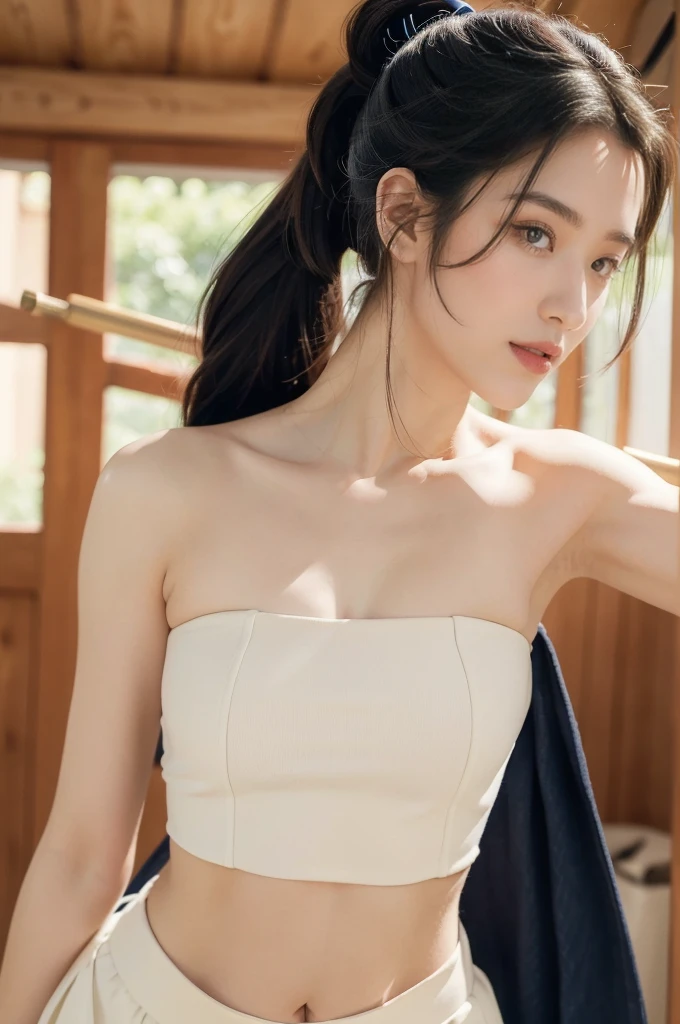 (((best quality))),(((ultra detailed))),(((masterpiece))),illustration,1girl,solo,tonogui,short ponytail,slim,thin,small breasts,flat chest,strapless white tank top,navel,maxi navy-blue kendo hakama,standing in kendo gym,arms behind back,focused and determined expression,ready for challenge,slender and elegant face,confident and resilient,fair skin,blush,neat teeth,bright smile,clean and tidy uniform,wooden gym floor,wall,pine scent,standard grip,ready to slice through obstacles,strong belief,determination,spirit of resilience,admiring,from front,upper body,