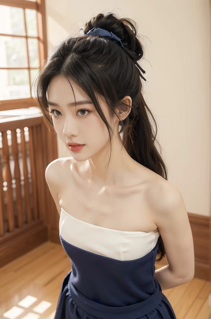 (((best quality))),(((ultra detailed))),(((masterpiece))),illustration,1girl,solo,tonogui,short ponytail,slim,thin,small breasts,flat chest,strapless white tank top,navel,maxi navy-blue kendo hakama,standing in kendo gym,arms behind back,focused and determined expression,ready for challenge,slender and elegant face,confident and resilient,fair skin,blush,neat teeth,bright smile,clean and tidy uniform,wooden gym floor,wall,pine scent,standard grip,ready to slice through obstacles,strong belief,determination,spirit of resilience,admiring,from front,upper body,