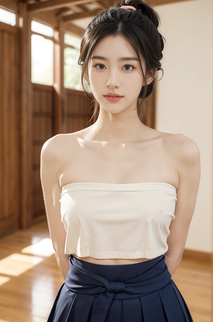 (((best quality))),(((ultra detailed))),(((masterpiece))),illustration,1girl,solo,tonogui,short ponytail,slim,thin,small breasts,flat chest,strapless white tank top,navel,maxi navy-blue kendo hakama,standing in kendo gym,arms behind back,focused and determined expression,ready for challenge,slender and elegant face,confident and resilient,fair skin,blush,neat teeth,bright smile,clean and tidy uniform,wooden gym floor,wall,pine scent,standard grip,ready to slice through obstacles,strong belief,determination,spirit of resilience,admiring,from front,upper body,