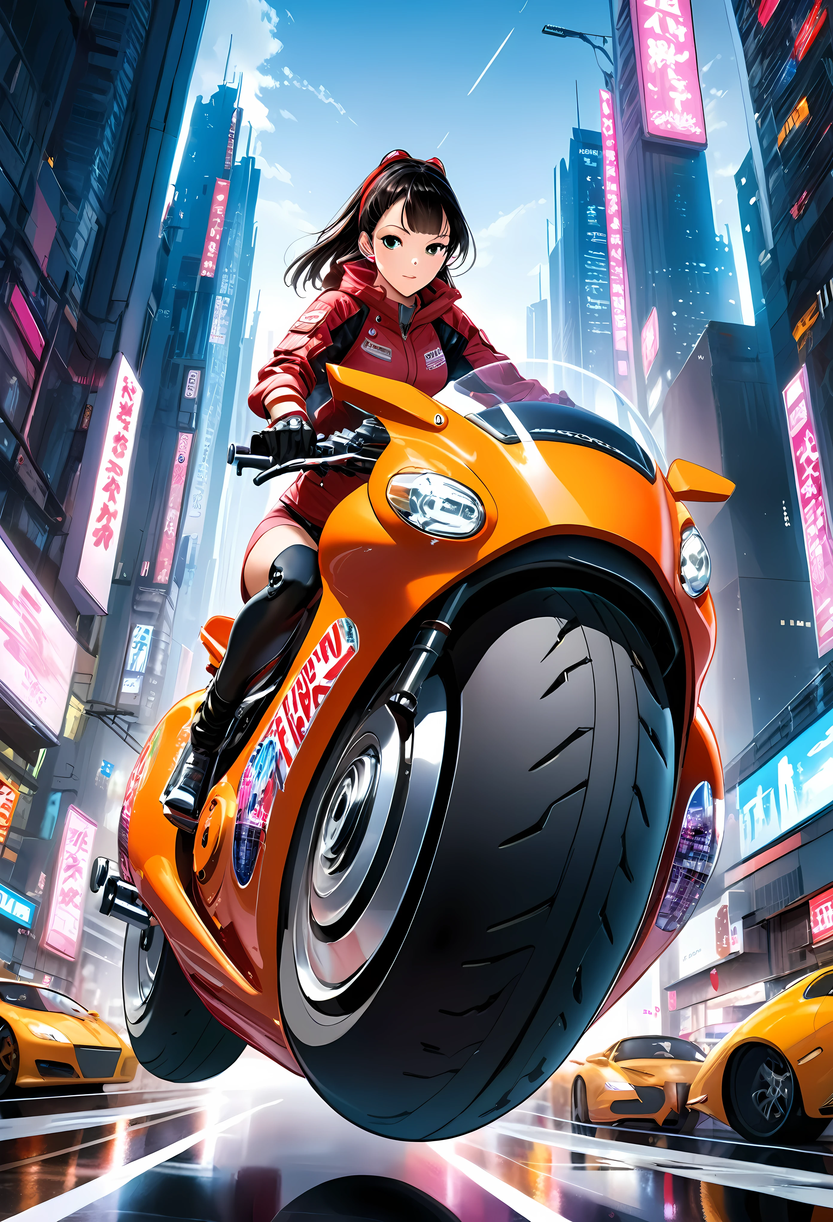 Create a detailed image of a futuristic motorcycle inspired by the iconic bike from the classic Akira manga/anime. The motorcycle should have a sleek, aerodynamic design with a low-slung, elongated body. It should feature a vibrant red color with a glossy finish. The front should have a curved, bubble-shaped windshield, integrated into the bike’s streamlined form. The wheels should be large and chunky, with a futuristic, almost hover-like quality. The front wheel is partially covered by an angular fender, while the rear wheel is exposed, showcasing intricate suspension and mechanical details. The bike should have detailed decals, including logos and futuristic text. The seat should be contoured for a single rider, blending seamlessly into the bike's body. The handlebars should be minimalistic, with advanced digital controls and displays integrated into the design. The background should be a neon-lit cityscape at night, with tall skyscrapers and futuristic elements, evoking a cyberpunk atmosphere. ((Pretty Female bike rider with futuristic neon clothing):1.2). | ((perfect_composition, perfect_design, perfect_layout, perfect_detail, ultra_detailed)), ((enhance_all, fix_everything)), More Detail, Enhance.
