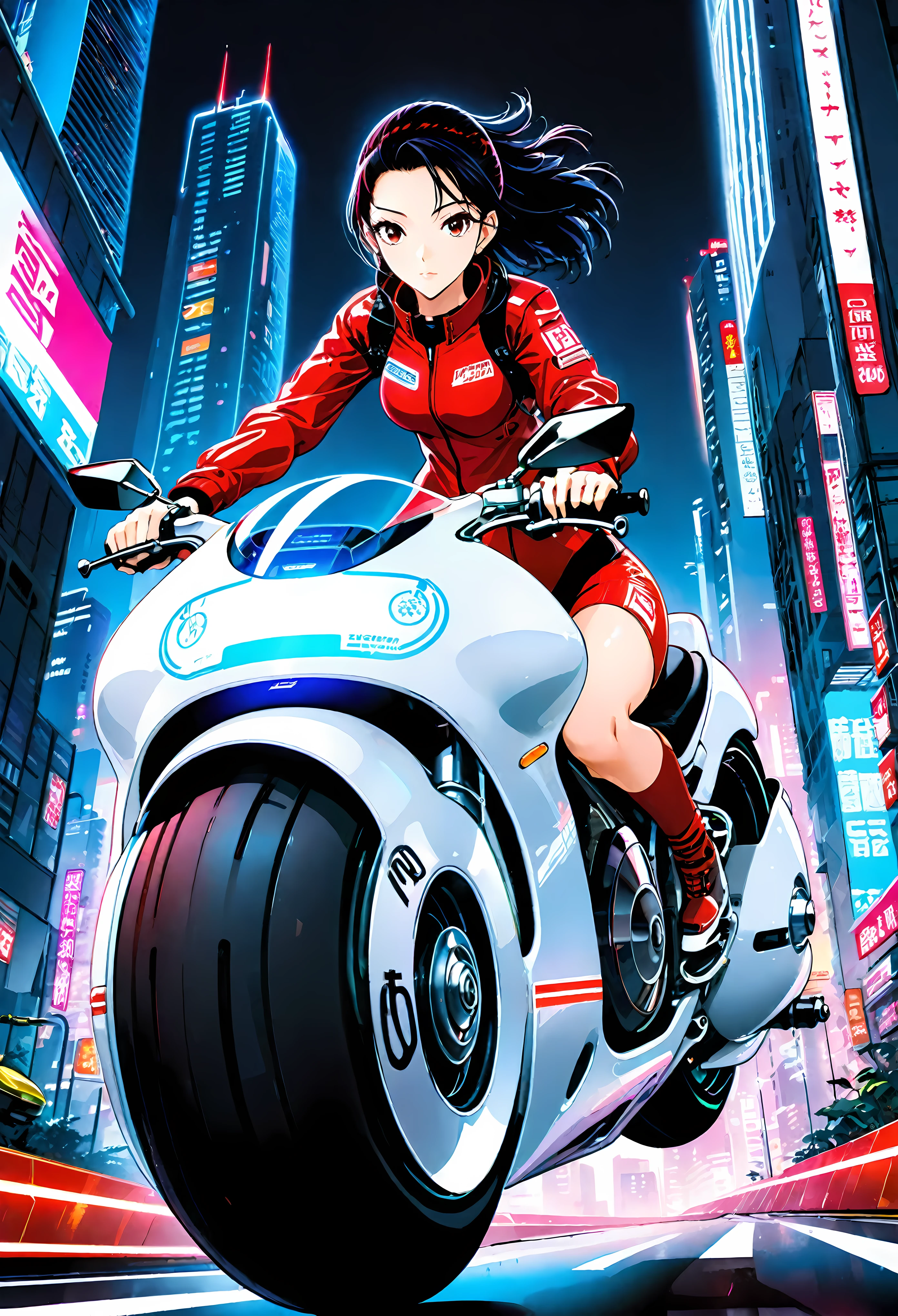 Create a detailed image of a futuristic motorcycle inspired by the iconic bike from the classic Akira manga/anime. The motorcycle should have a sleek, aerodynamic design with a low-slung, elongated body. It should feature a vibrant red color with a glossy finish. The front should have a curved, bubble-shaped windshield, integrated into the bike’s streamlined form. The wheels should be large and chunky, with a futuristic, almost hover-like quality. The front wheel is partially covered by an angular fender, while the rear wheel is exposed, showcasing intricate suspension and mechanical details. The bike should have detailed decals, including logos and futuristic text. The seat should be contoured for a single rider, blending seamlessly into the bike's body. The handlebars should be minimalistic, with advanced digital controls and displays integrated into the design. The background should be a neon-lit cityscape at night, with tall skyscrapers and futuristic elements, evoking a cyberpunk atmosphere. ((Pretty Female bike rider with futuristic neon clothing):1.2). | ((perfect_composition, perfect_design, perfect_layout, perfect_detail, ultra_detailed)), ((enhance_all, fix_everything)), More Detail, Enhance.
