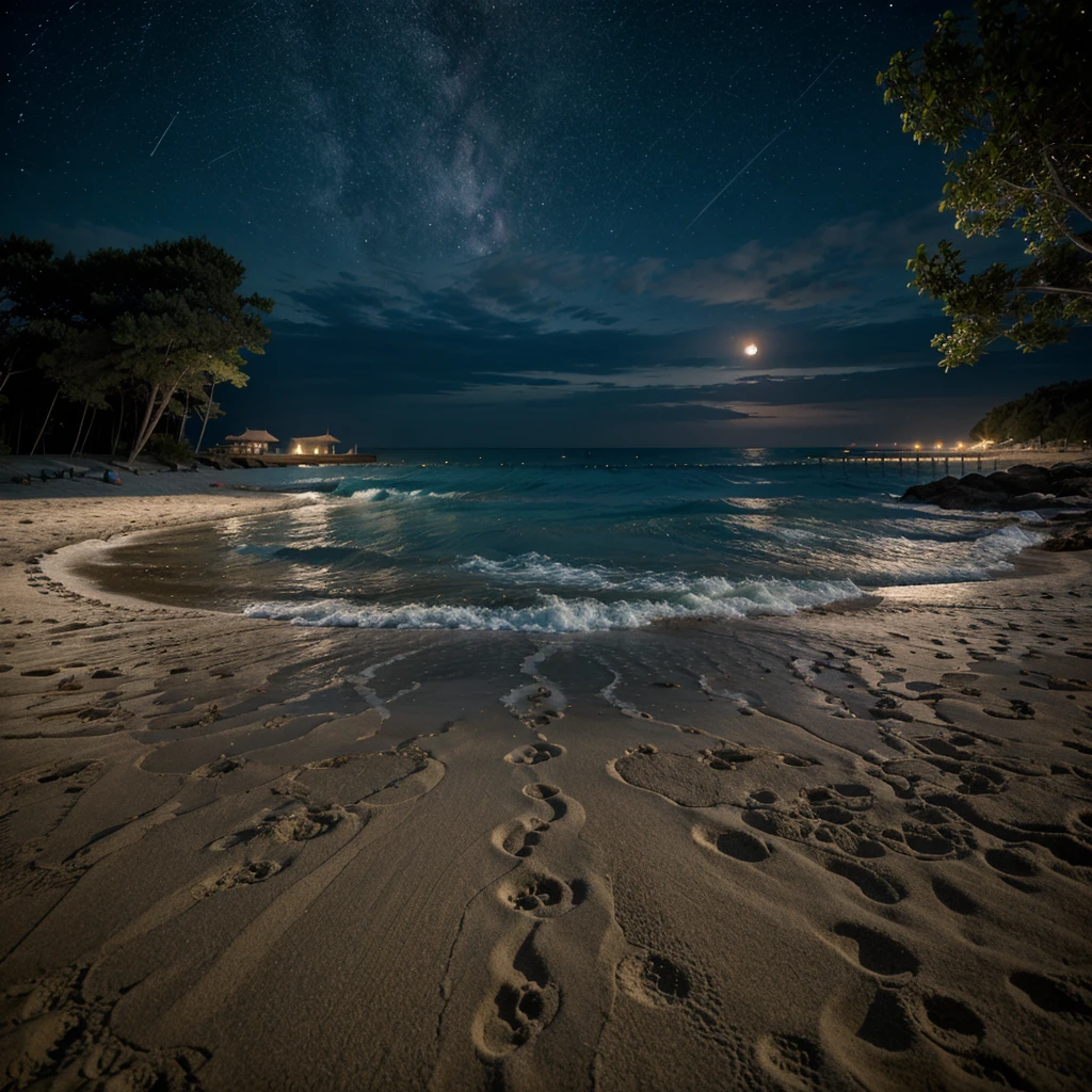 The scene of beach scene in the middle  with a quiet atmosphere on a full moon night under a starry sky, 