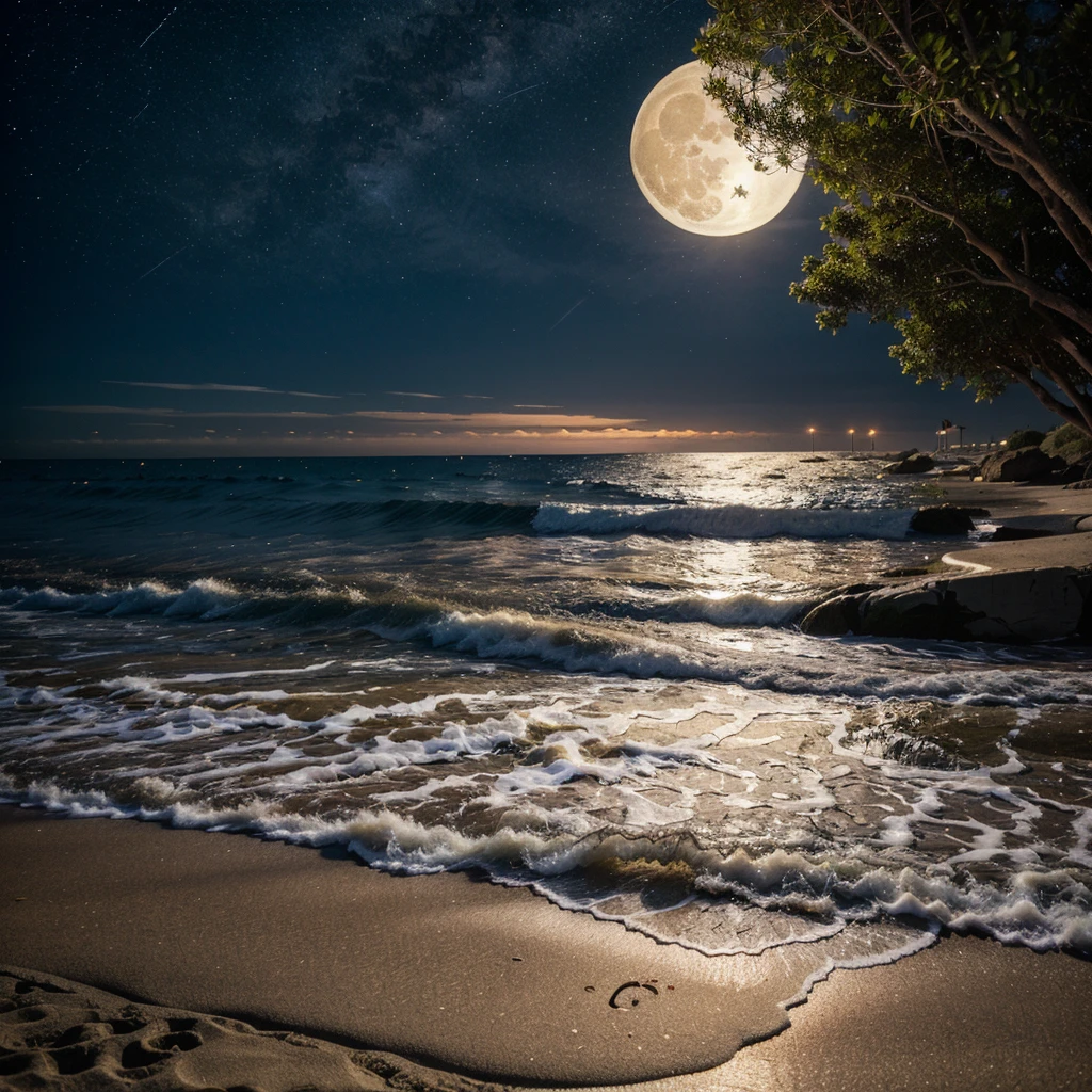 The scene of beach scene in the middle with a quiet atmosphere on a full moon night under a starry sky,