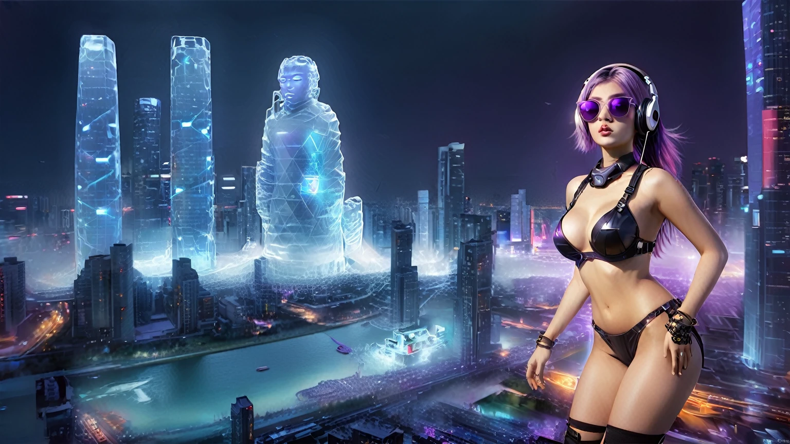 masterpiece, best quality, high resolution, 8k, (Portrait Photos:1.5), (R Original Photo), real picture, Digital Photography, (A fusion of cyberpunk and fantasy), 20 year old girl, solo, (((black sunglasses, headphone))), Feel free to hairstyle, Purple Eyes, By Bangs, (large breasts, cleavage, Accessories, Elegant and charming, Combination of cyberpunk and fantasy style clothing, Hollow carving design, Photo poses, Realistic style, (((((((pistol shooting pose))))))), oc render reflection texture, sentry, (((((aerial view of Cyberpunk style future city, giant ice (Chinese Terracotta Warriors) sculpture))))), night, Bustling streets, (((((half-body (thigh level) medium shot))))).