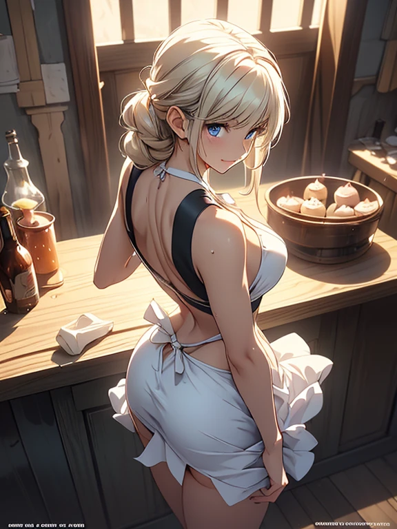 (from above:1.2),18 year old beautiful girl,Purplish blue eyes that dreamers desire,(Blonde hair) , small stature, (masutepiece:1.2, Best Quality),(finely detailed beautiful eye: 1.2),(beautifull detailed face),(perky chest:1.1),(pointed chest:1.2),(cakes magazine cover:1.5),(Best Illumination, extremely delicate and beautiful),sexy pose,make a cocktail , in a bar counter,Ultra Contrast,Braid a little around the ears, White long dress, (very detailed),(Raw photo, highest quality),(realistic, Photoreal:1.3), high detail, very detailed complex 3D rendering of face, (very detailed skin:1.2), dynamic angle, fire glow effect, professional lighting, side light, cinematic light, a super high resolution, 8K , best shadow, particles of light, Fine skin texture, detailed face, intricate details, Super detailed, shine, Please reconsider, full body,, beautiful face, shiny skin, thin, nice companion, delicate body, thin legs, naked apron, ((crawl on all fours:0.4)), beautiful back, butt,little turn around, A picture from a little behind, bend the body, the skirt is floating in the wind, Dark purple panties, thin Pubic hair ,(with sparkling eyes and a contagious smile), open mouth, highest quality, high resolution, Real World, Natural light, perfect Natural Light, ((the tip is protruding, areolas protruding,The shape of the pubic area is clearly visible:1.2)),Sweating,Wet,Wet crotch,Wet thighs,Realistic, (cute, perfect clothes, skimpy clothes, cute: 1.3) ,narrow waist,looking at viewer,