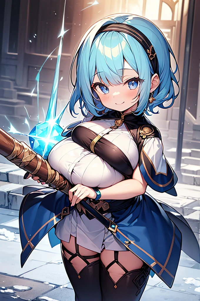 Create a female Astral Elf with blue hair and a katana and she is a mage in a rogue outfit