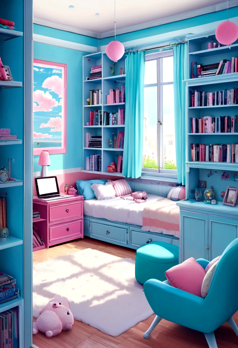 Room with a window　tiffany blue wallpaper　A solid sofa for one person　bed　Wall-to-wall bookshelves　A cute teenage girl&#39;s room in Paris　A view of Paris from the window　Real