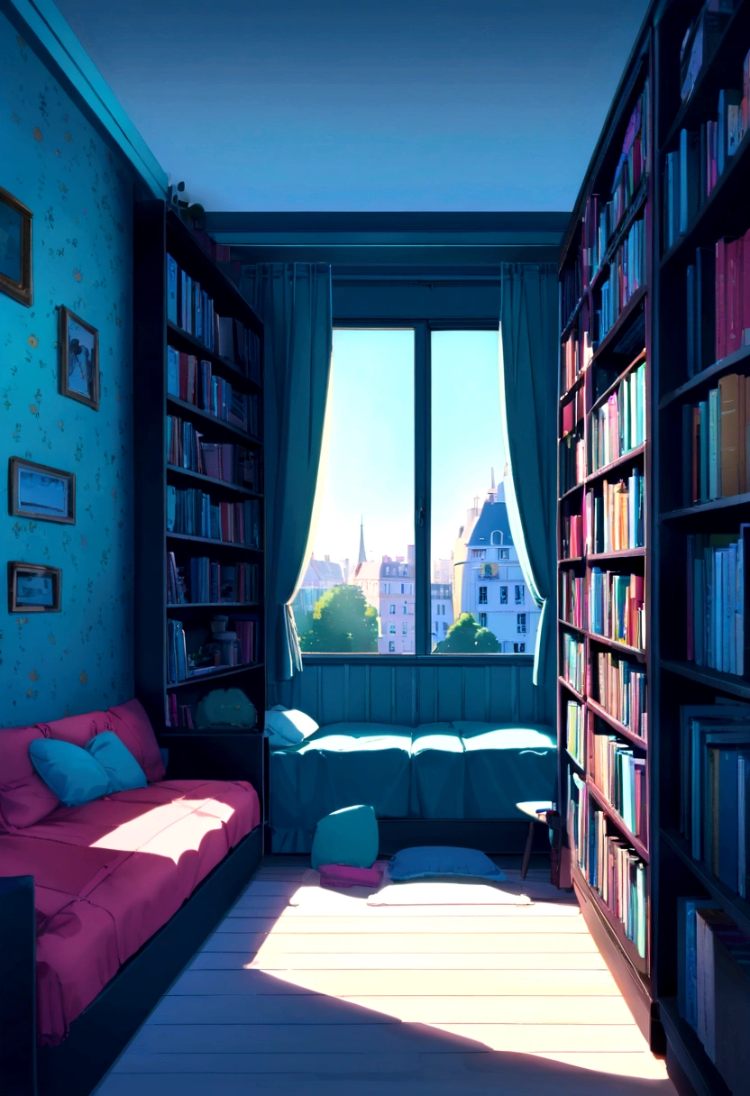 Room with a window tiffany blue wallpaper A solid sofa for one person bed Wall-to-wall bookshelves A cute age girl's room in Paris A view of Paris from the window Real
