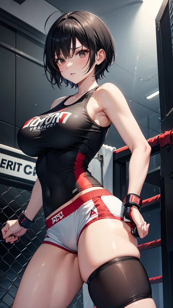 One woman,Big Breasts,Mixed Martial Arts,Octagon,Black hair with red(1.3),short hair,Tight short black tank top,Tight white shorts(1.3)