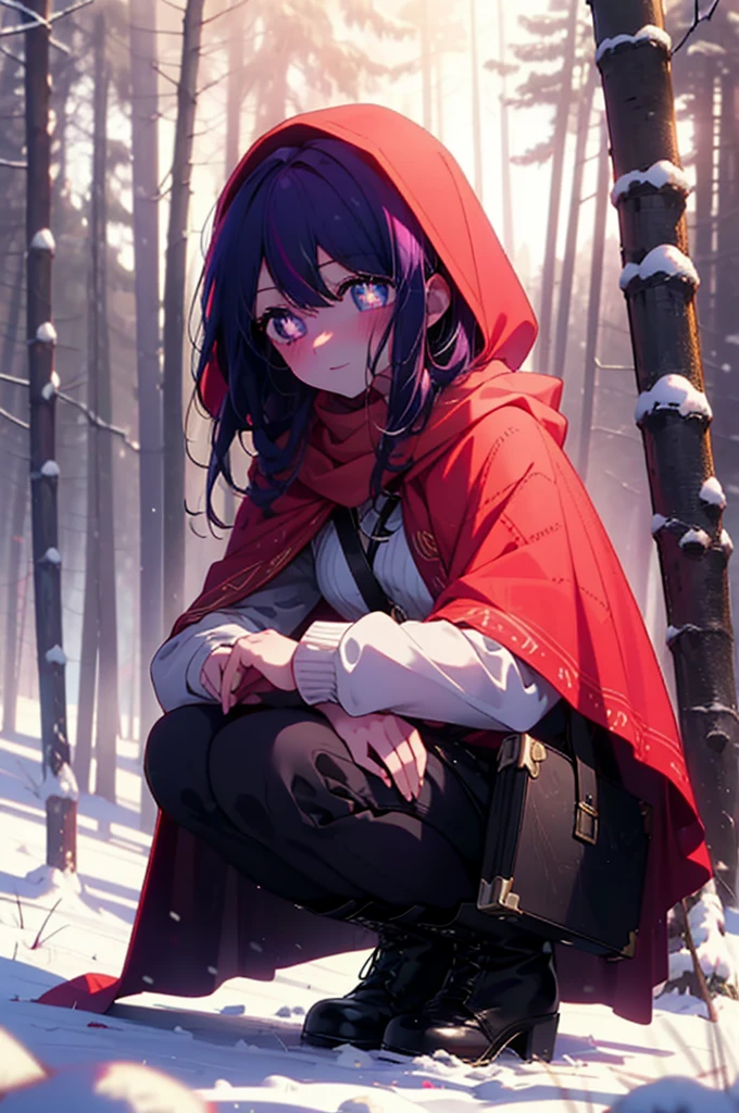 aihoshino, Ai Hoshino, Long Hair, bangs, (Purple eyes:1.1), Purple Hair, (Symbol-shaped pupil:1.5), smile,,smile,blush,White Breath,
Open your mouth,snow,Ground bonfire, Outdoor, boots, snowing, From the side, wood, suitcase, Cape, Blurred, , forest, White handbag, nature, Squat, Mouth closed, Cape, winter, Written boundary depth, Black shoes, red Cape break looking at viewer, Upper Body, whole body, break Outdoor, forest, nature, break (masterpiece:1.2), Highest quality, High resolution, unity 8k wallpaper, (shape:0.8), (Beautiful and beautiful eyes:1.6), Highly detailed face, Perfect lighting, Extremely detailed CG, (Perfect hands, Perfect Anatomy),