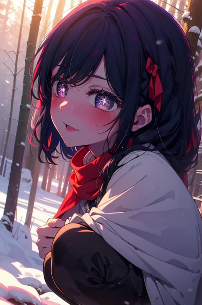 aihoshino, Ai Hoshino, Long Hair, bangs, (Purple eyes:1.1), Purple Hair, (Symbol-shaped pupil:1.5), smile,,smile,blush,White Breath,
Open your mouth,snow,Ground bonfire, Outdoor, boots, snowing, From the side, wood, suitcase, Cape, Blurred, , forest, White handbag, nature,  Squat, Mouth closed, Cape, winter, Written boundary depth, Black shoes, red Cape break looking at viewer, Upper Body, whole body, break Outdoor, forest, nature, break (masterpiece:1.2), Highest quality, High resolution, unity 8k wallpaper, (shape:0.8), (Beautiful and beautiful eyes:1.6), Highly detailed face, Perfect lighting, Extremely detailed CG, (Perfect hands, Perfect Anatomy),