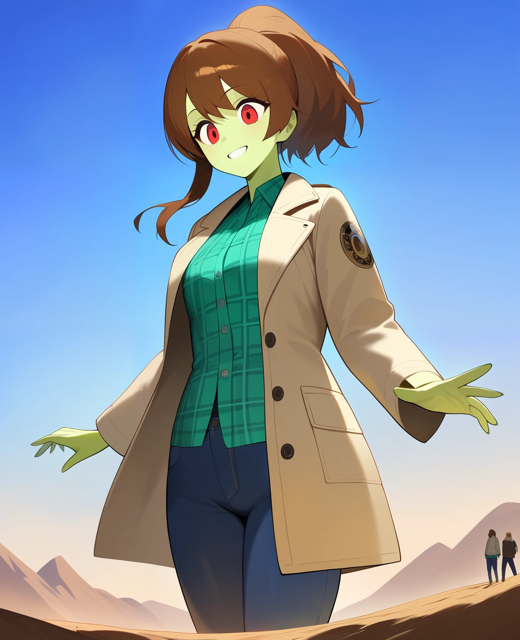 1girl,solo,red eyes,((brown hair:1.5)),ponytail,((light green skin: 1.5)), very tall, tattered coat, tan coat, jeans, flannel shirt,cowboy shot,on mars, blue and grey saturn in sky,Science fiction,ultra-detailed,sharp focus,aesthetic,(best quality) smiling, giantess,