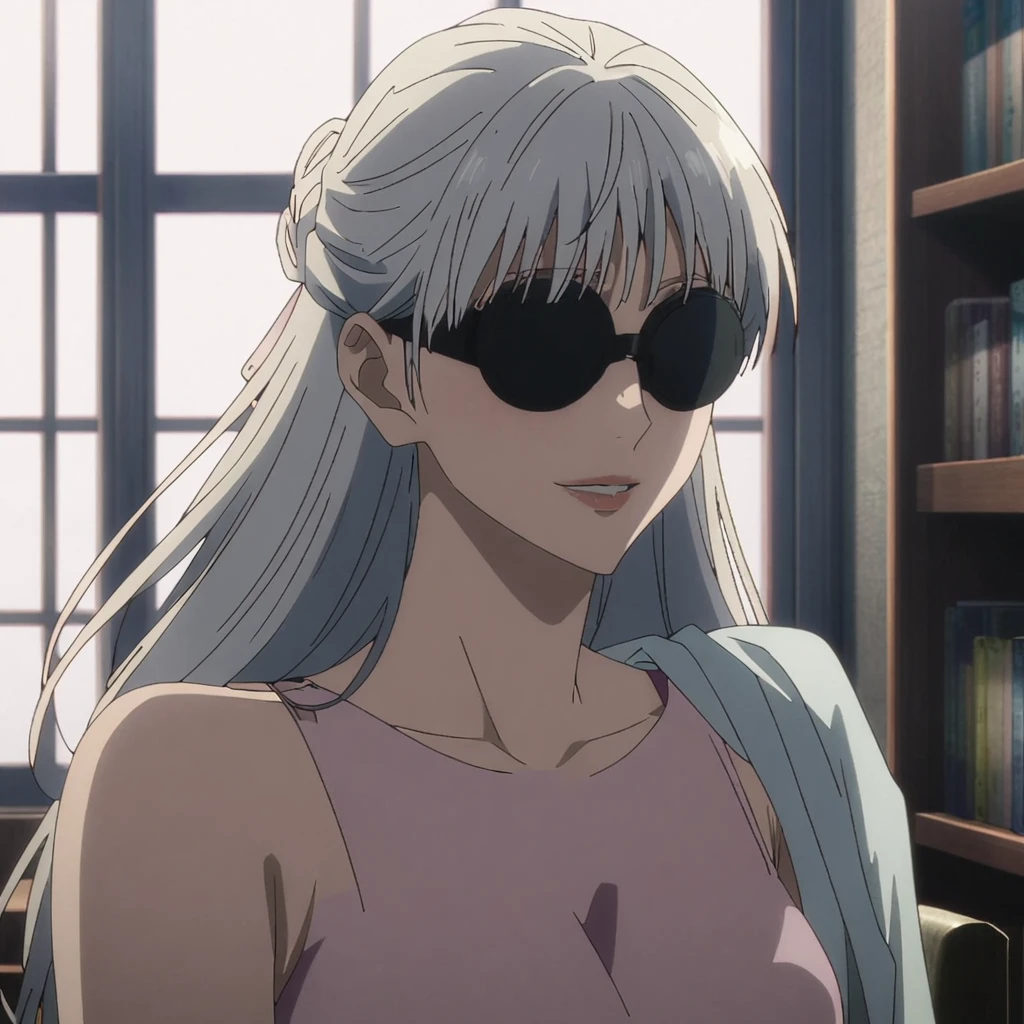 1girl, female gojo satoru, anime screencap from jujutsu kaisen, gojo satoru female version, solo, long_hair, blindfold, white_hair, window, breasts, upper_body, smile, indoors, book, bangs, covered_eyes, lips, wearing round sunglasses , ((her hairstyle : The character in the image has long, straight white hair with bangs that cover her eyes. The hair falls freely over her shoulders and down her back))