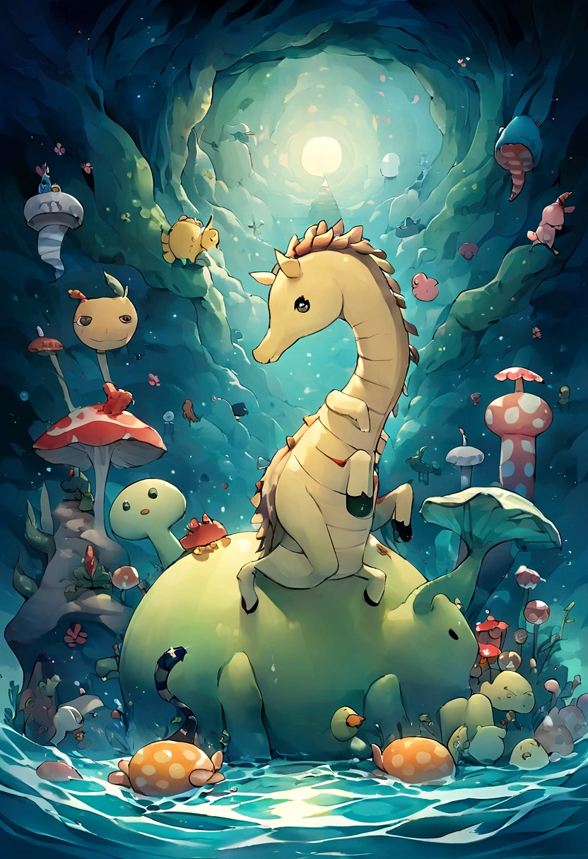 cartoon，seahorse，ocean，Illustrations for Children，4k，8k,cute，