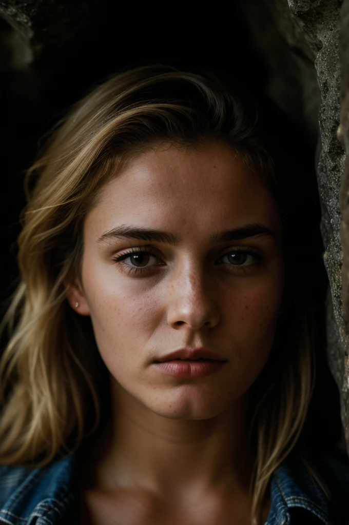 photograph of a woman, (troubled facial expression), textured skin, goosebumps, blonde afro hair, plaid flannel shirt with distressed boyfriend jeans, cowboy shot, dark and mysterious cave with unique rock formations and hidden wonders, perfect eyes, (candlelight,chiaroscuro), Porta 160 color, shot on ARRI ALEXA 65, bokeh, sharp focus on subject, shot by Don McCullin