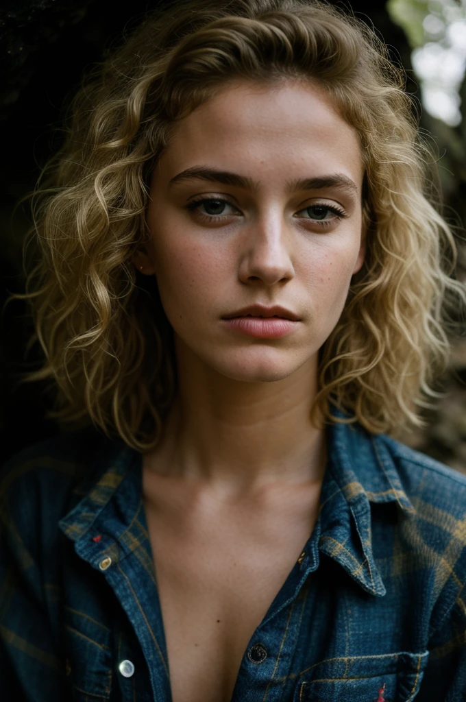 photograph of a woman, (troubled facial expression), textured skin, goosebumps, blonde afro hair, plaid flannel shirt with distressed boyfriend jeans, cowboy shot, dark and mysterious cave with unique rock formations and hidden wonders, perfect eyes, (candlelight,chiaroscuro), Porta 160 color, shot on ARRI ALEXA 65, bokeh, sharp focus on subject, shot by Don McCullin