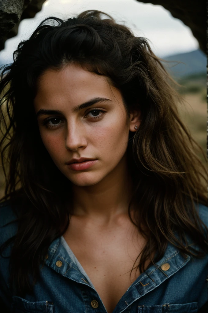 photograph of a woman, (troubled facial expression), textured skin, goosebumps, blonde afro hair, plaid flannel shirt with distressed boyfriend jeans, cowboy shot, dark and mysterious cave with unique rock formations and hidden wonders, perfect eyes, (candlelight,chiaroscuro), Porta 160 color, shot on ARRI ALEXA 65, bokeh, sharp focus on subject, shot by Don McCullin