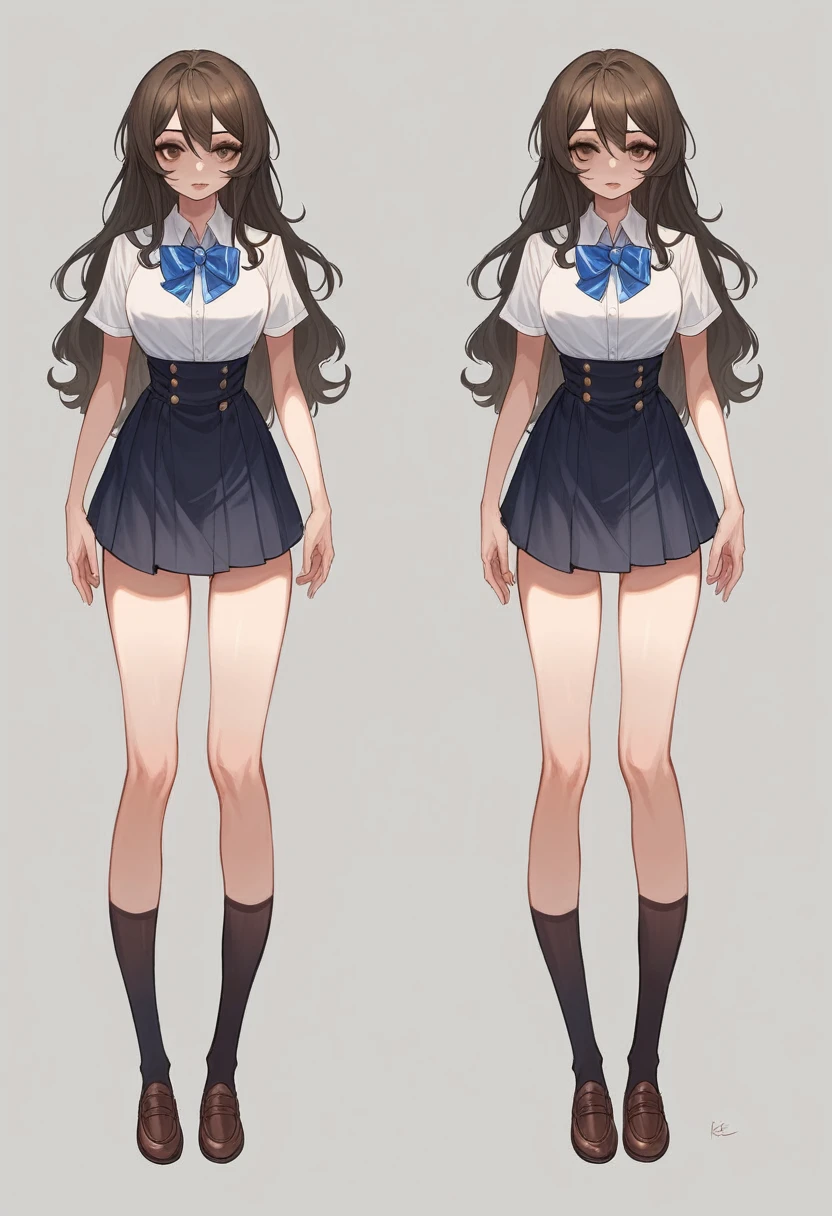 Jackie Evans. Caucasian, tanned. Brown hair, page-length, curly. Blue eyes. About 25 years old. Outgoing and friendly, a bit chubby but not obese. About 160cm tall. Small breasts, average butt. Wears a blue skirt, knee-high white socks, red shoes, a white and blue blouse and a ribbon in her hair. ((((model sheet))))