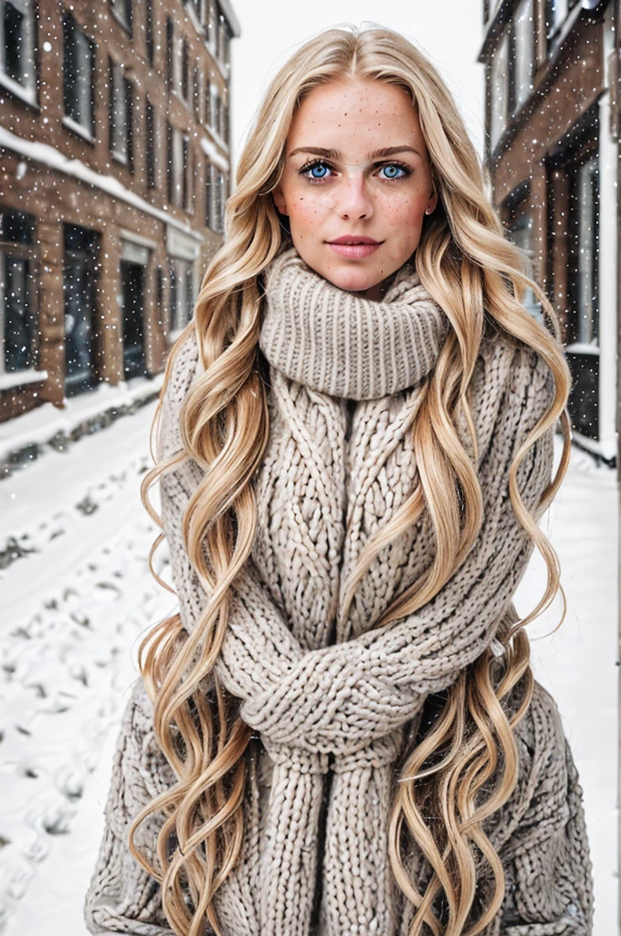professional portrait photograph of a gorgeous Norwegian girl in winter clothing with long wavy blonde hair, sultry flirty look, freckles, gorgeous symmetrical face, cute natural makeup, wearing elegant warm winter fashion clothing, standing outside in snowy city street