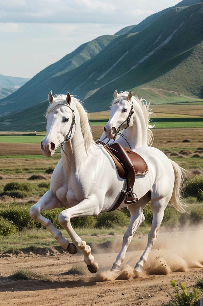 Two white horse galloping
