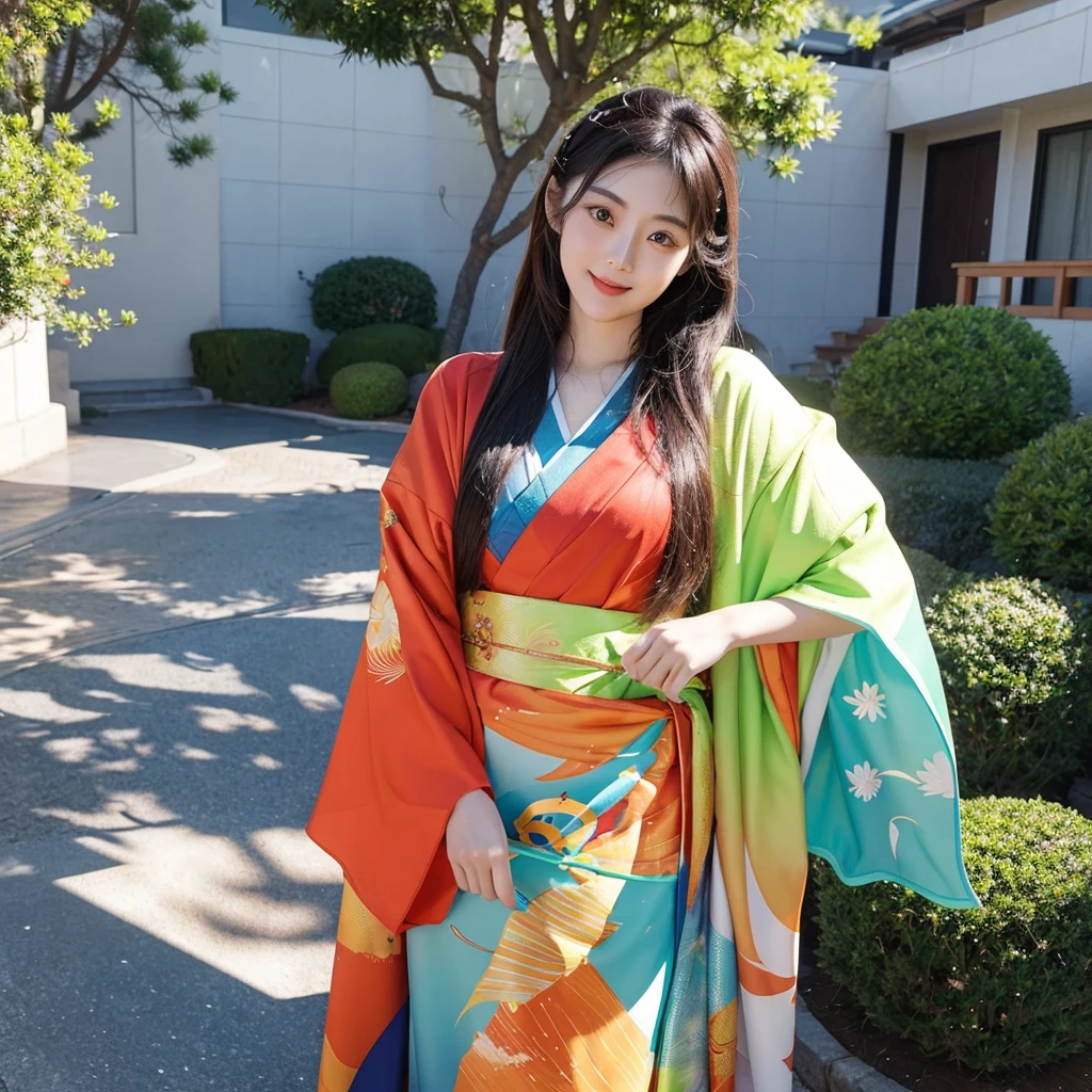 「Very God々Successfully、Draw a vivid, photographic image of Amaterasu Omikami。She is 3D and three-dimensional.、Having Asian features、She is a very beautiful woman who resembles Satomi Ishihara.。She smiles、It is wearing suns of various sizes.。」