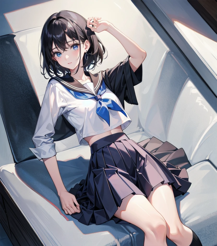absurdres, RAW photo, extremely delicate and beautiful, masterpiece, Best Quality, ultra high resolution, 32k, hyperrealistic, ultra-detailed, in her 20s, very Slim body, narrow waist, very small head, very small face, delicate facial features, tearful mole, earring, very huge round breasts, full body shot, medium hair, black hair, ((school_uniform)),