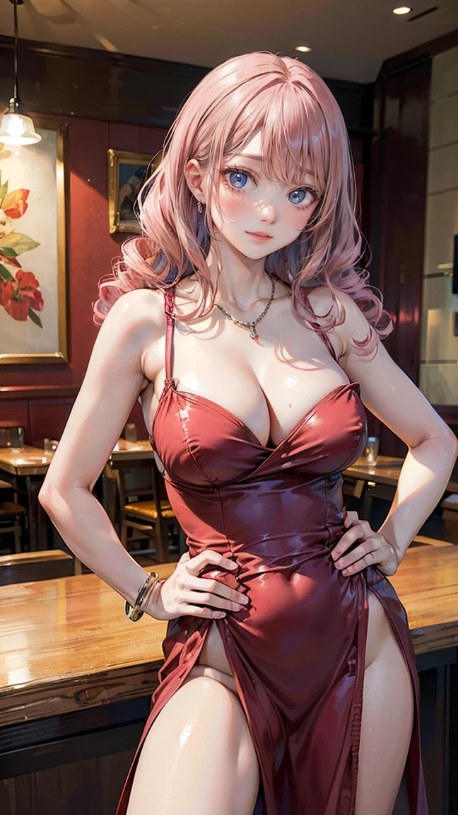 (Masterpiece, BestQuality:1.3), (ultra detailed:1.2), (hyperrealistic:1.3), (RAW photo:1.2), High detail RAW color photo, professional photograph, (Photorealistic:1.4), (realistic:1.4), (Pink Hair:1.5), professional lighting, perfect anatomy, (Big Breasts:1.2), (blush, detailed face), (cheerful Smile:1.5), Trending Hair&Trending Hairカラーをランダムに, earrings, necklace, bracelet, sexly, erotic sexly, Random sexy gravure poses, (A woman in an elegant red dress in a restaurant、Smiling while holding a glass of wine。With long curls、One hand on hip。:1.3)