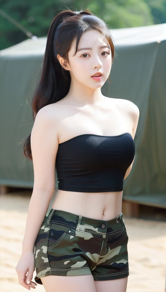 close-up of beautiful South Korean, Kim Sohee is a ex-ALICE South Korean pop girl group, age 24 years old girl, youthful face, perfect body, white body skin, very long hair, black hair, straight hair, 36 inches breasts size, wearing a plain standard black strapless tube top, wearing a tight camouflage mini short leggings, Sohee holding breasts with her own two hands is very sexy and sigh, Sohee squeezes the breasts very seductively, Sohee lowered her strapless tube top a little bit, sexy looking pose, pose a naughty look, pose looks seductive, at the military training camp, military training camp background, UHD